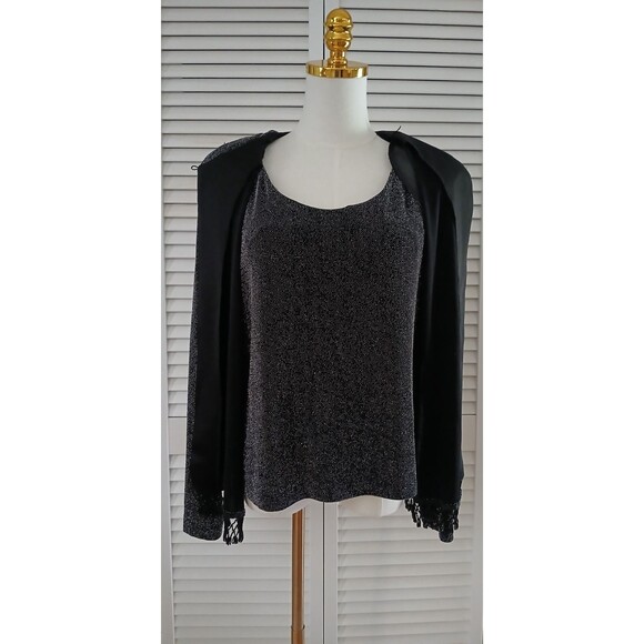 Xscape Women's XL 2 Piece Shimmering Black Jacket & Top Beaded Fringe Office - Picture 7 of 16